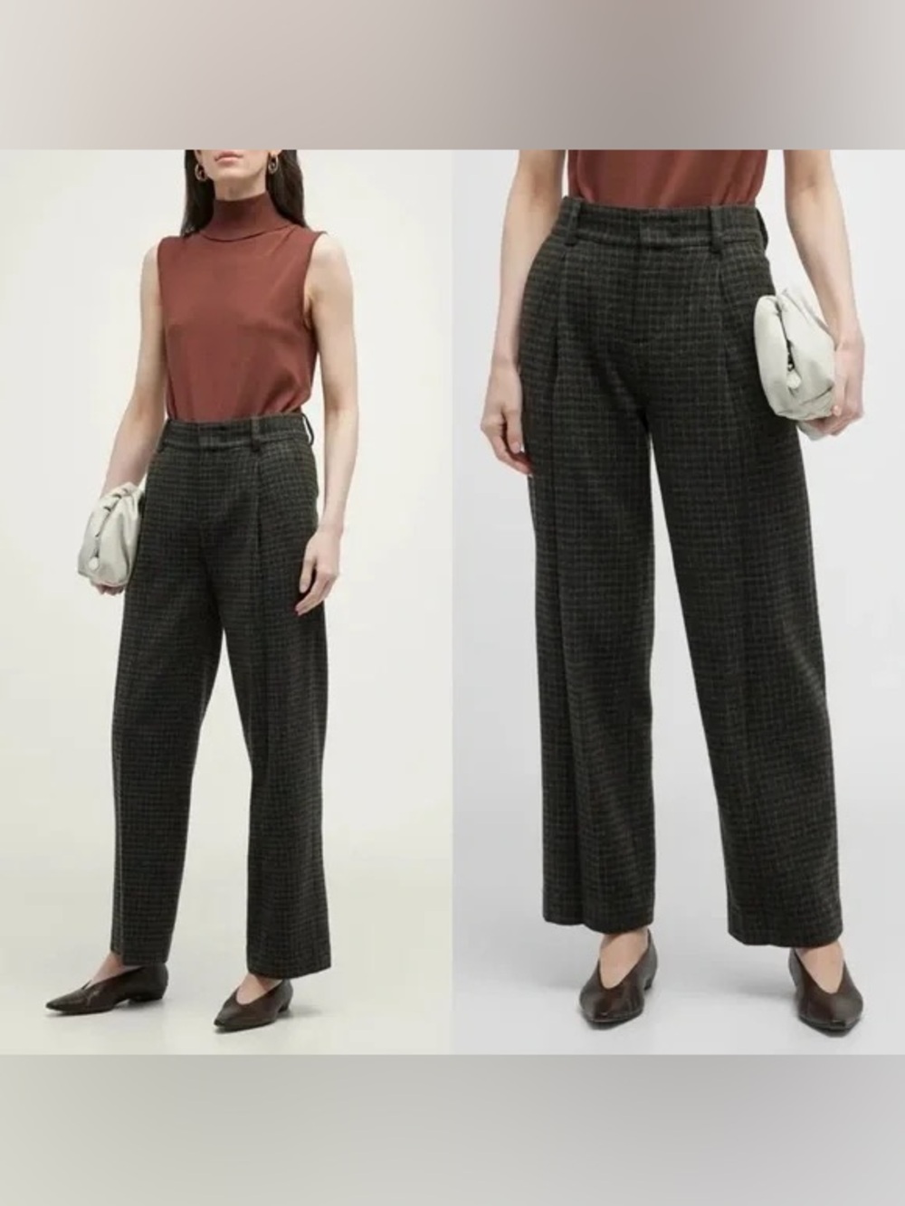 $525 Vince Women's Green Wool-Cashmere Check Plaid Wide Leg Pants Size 6 Luxury
